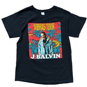 J Balvin Vibras Tour 2018 Concert T-Shirt Tee Black Dinosaurs/Palm Trees Size L